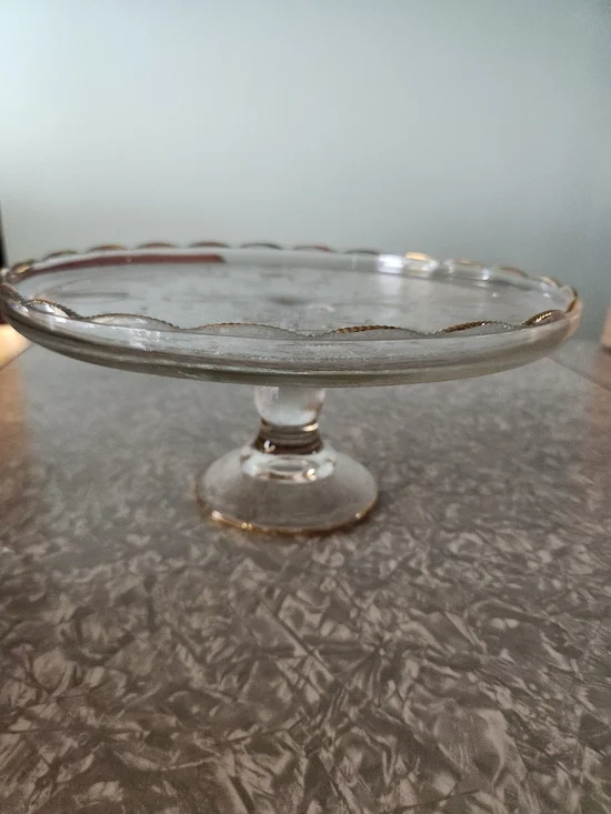 Vintage 1950's Jeannette  Harp Lyre Cake Stand with Scalloped Gold Rim