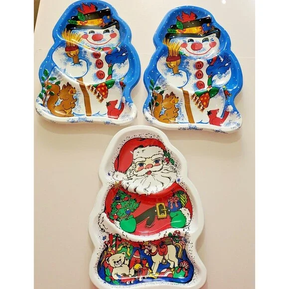 Vintage Serving Bowls set 3 Molded Plastic Santa Snowman Christmas Holiday Party