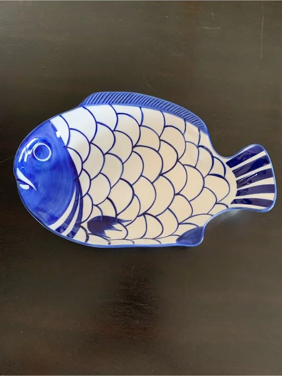 Dansk Arabesque Fish Shaped Shallow Bowl Cobalt Blue and White Dish Platter