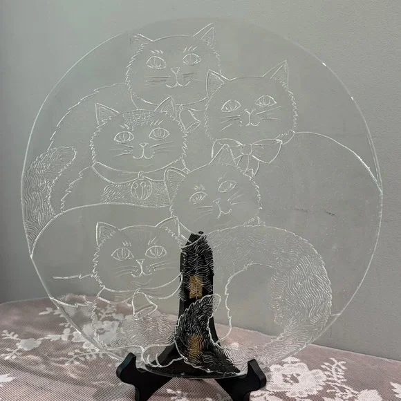 Vintage Pilgrim Glass Cat Party Platter Embossed Cat Lover 13 in Light Scratches