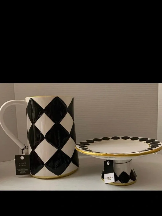 Almeria Ceramic Harlequin Checkered Cake Stand 8in Black White 64 OZ Pitcher Set
