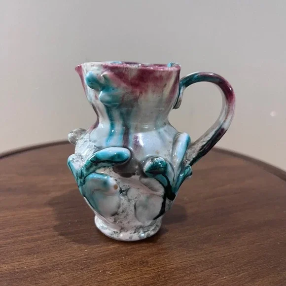 Vtg Italy Ceramic Miniature Pitcher Teal Burgundy Drip Glaze Art Pottery 3.75in
