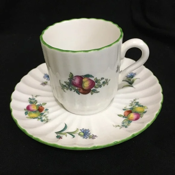 Spode Miniature Cup and Saucer, Fruit Scallop Design with Green Border