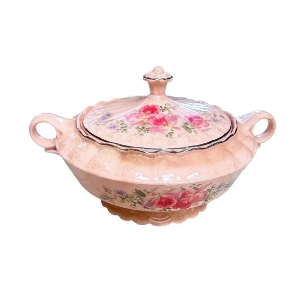 Vintage Pink Floral Ceramic Soup Tureen with Lid‎ Silver Trim Scalloped Edge