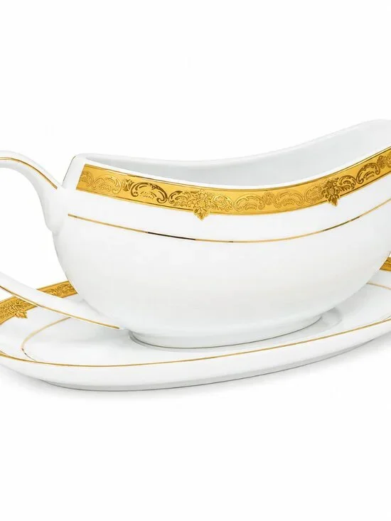 Elegant Gold & White Porcelain Gravy Boat with Underplate