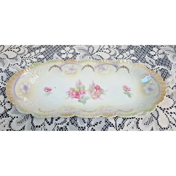 Oval Porcelain Floral Celery Dish Iridescent Scalloped Edge Hand Painted Bavaria