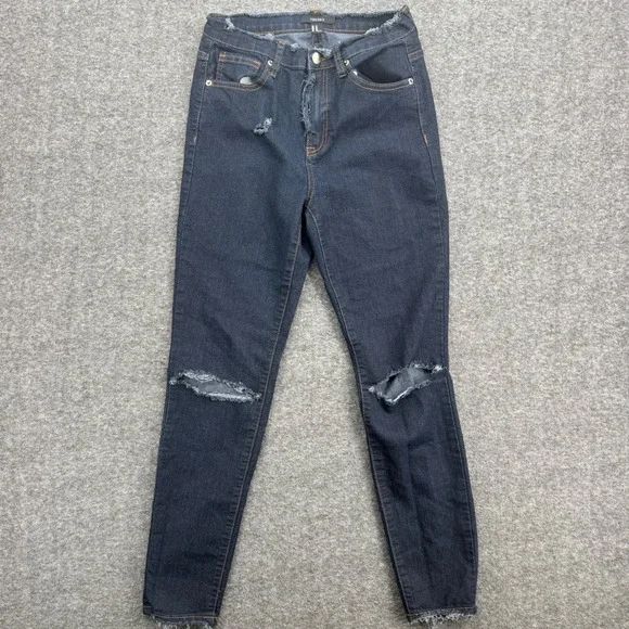Forever 21 Women Dark Wash Distressed Skinny Jeans High Rise Frayed Waist 27