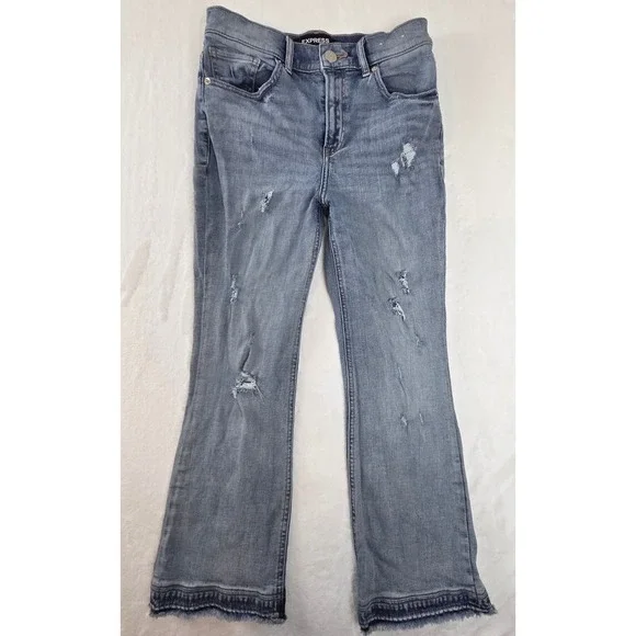 Express Cropped Bell Flare Jeans Womens 0 Blue‎ Distressed High Rise Raw Hem