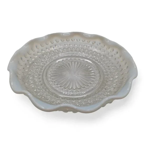 Vintage Fenton Bubble Hobnail Glass Dish Bow Moonstone Rim Ruffled Opalescent 8