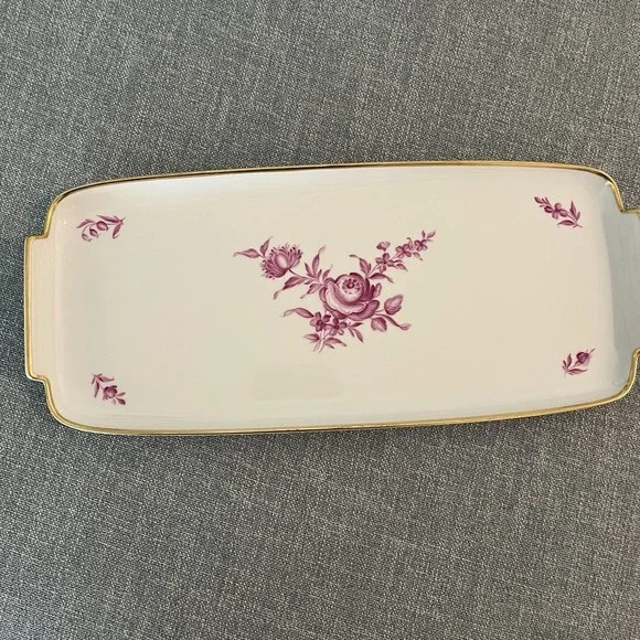 Augarten Wien Biedermeier Purple Floral Porcelain Serving Tray‎ Gold Trim 14.5