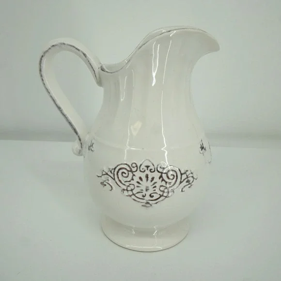 Ceramic Pitcher White Purple Filigree Farmhouse Decor Vase
