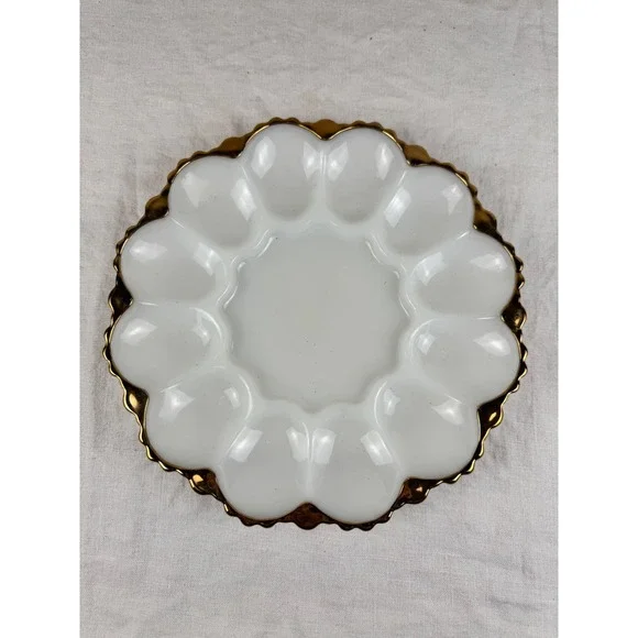 Vintage Milk Glass Deviled Egg Platter Gold Encrusted Scalloped Rim 10 Inch Tray