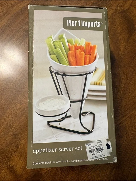 Pier 1 White Ceramic Appetizer Server Set with Black Metal Stand