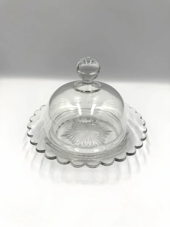 Vintage Clear Glass Butter Dish with Dome Lid Scalloped Edge