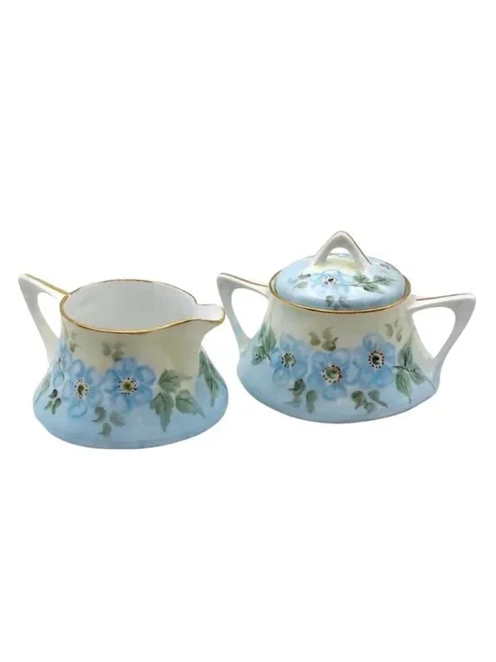 Antique Hand Painted Zeh Scherzer Bavaria Blue Floral Creamer & Sugar Bowl Set
