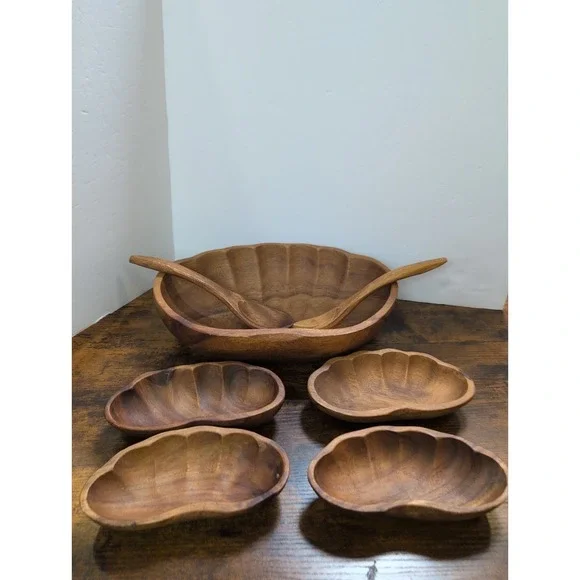 Vtg Handcrafted Wooden Salad Bowl Set Large Bowl / 4  Bowls /Salad & Utensils