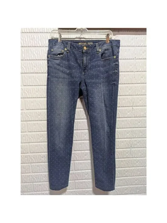Michael Kors Women's Blue Medium-Wash Polka Dot Denim Jeans Pre-Loved Size 8
