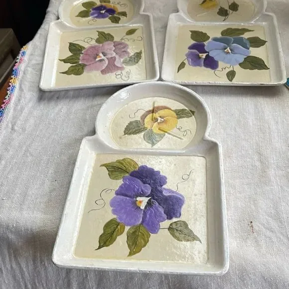 Vintage lot of 3 hand painted snack dishes. Cup and appetizer plates.