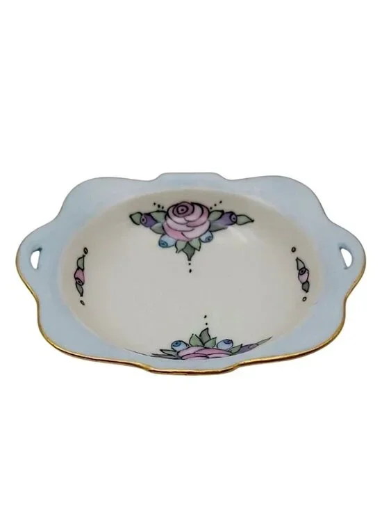Japanese Hand Painted Porcelain Floral Finger Bowl Cut-Out Handles Vintage