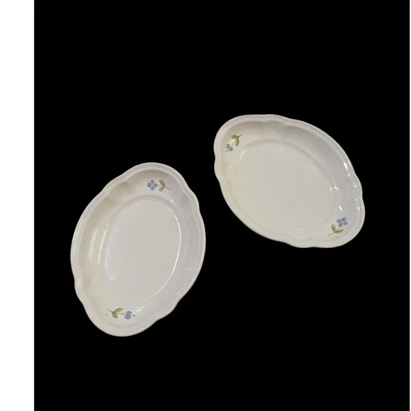 Pfaltzgraff Garland Relish Dish‎ Set of 2 Oval Scalloped Blue Floral Stoneware