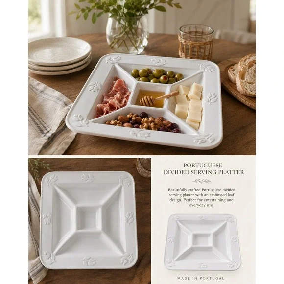 Vintage Portuguese White Ceramic Divided Serving Platter Embossed Leaf Tulip