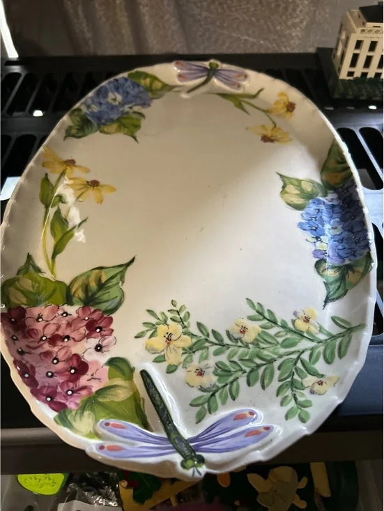 Handpainted Ceramic Serving Platter with Floral and Dragonfly Design