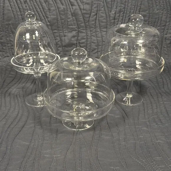 Set of 3 Clear Glass Pedestal Cake Stands w/ Domed Lids Cloches 8