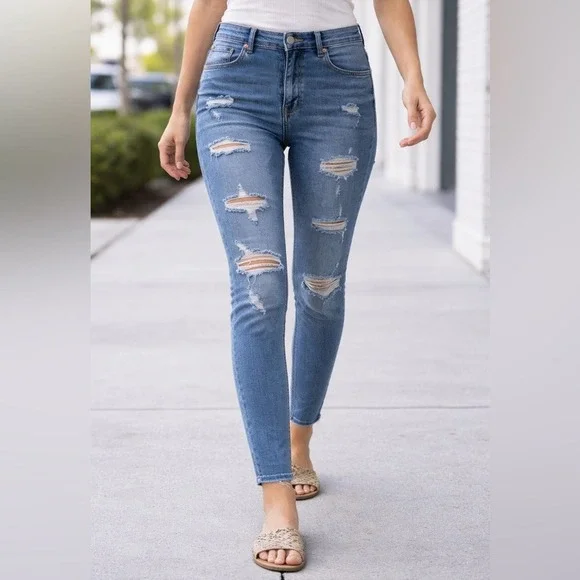 H&M Curvy‎ Jeggings Ultra High Waist Ankle Length Ripped Blue Jeans Women US 12