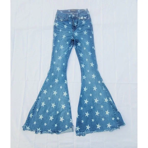 Judy Blue Women's Super Flare Bell Bottom Jeans Sz 1/25 Blue Star Print