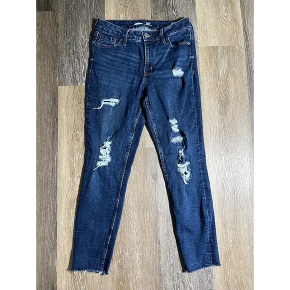 Old Navy Rockstar Super Skinny Jeans Womens 6 Dark Wash Good Distressed Raw‎ Hem