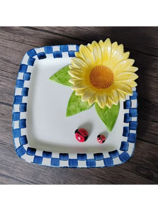 Vintage Cali Pottery Ceramic 3-D Sunflower & Ladybugs Chip and Dip Platter 11
