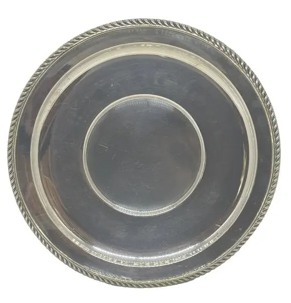 Mid 20th Century 9.5” Round Silver-Plated Serving Tray Platter Rope-Style Border