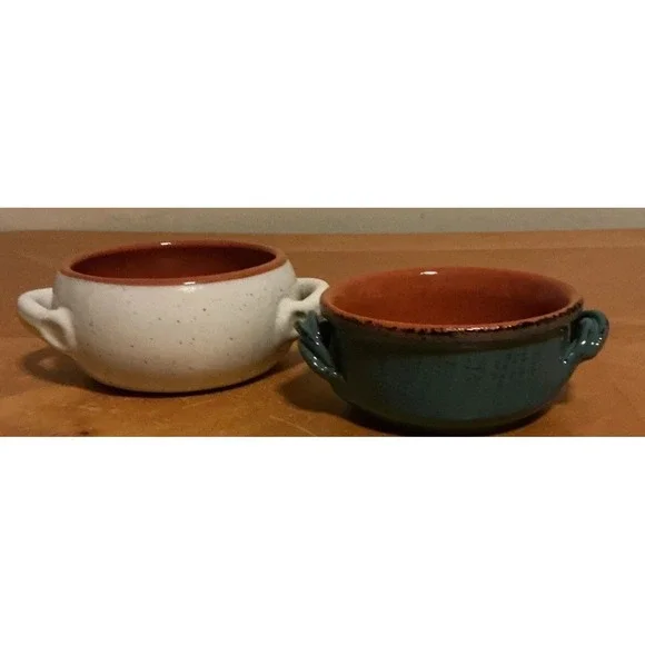 Set Of 2 De Silva Terracotta Soup‎ Bowls With Handle, White And Blue, Italy