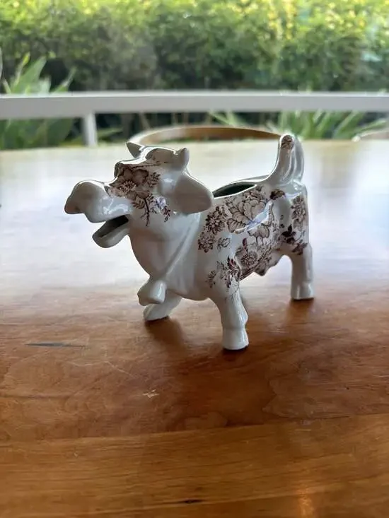 Staffordshire England Vintage Brown Floral Cow Creamer Cow‎ Pitcher with Bell