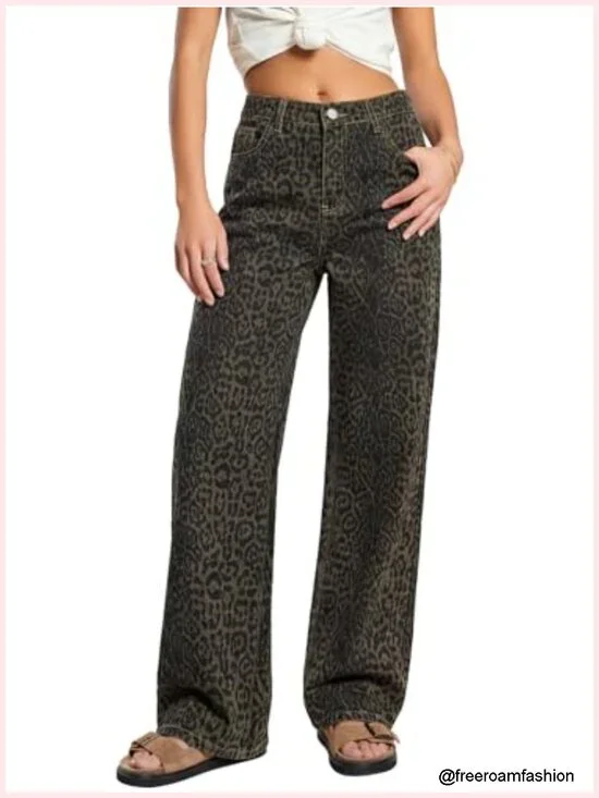 High Waist Baggy Wide Leg Leopard Print Jeans Y2K Vintage Loose Fit Denim Pants