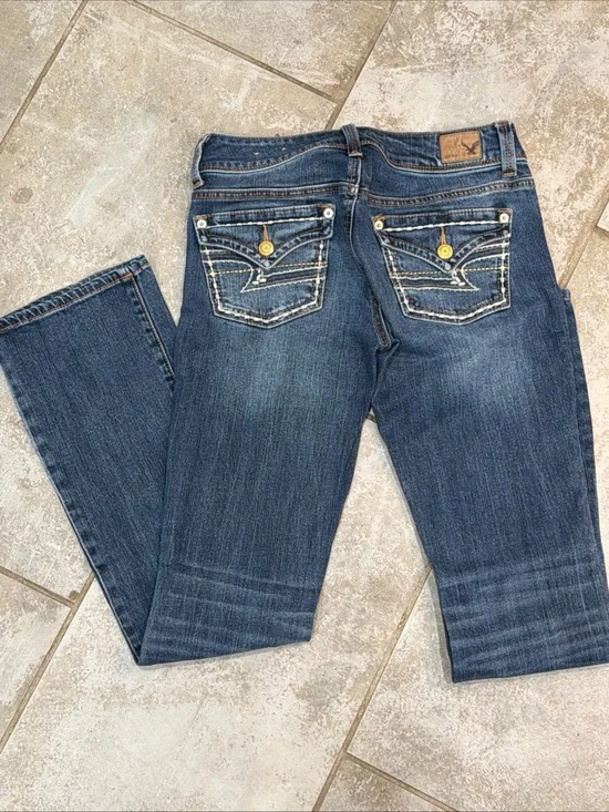 American Eagle Embroidered Kick Boot Dark Blue Jeans Size 00