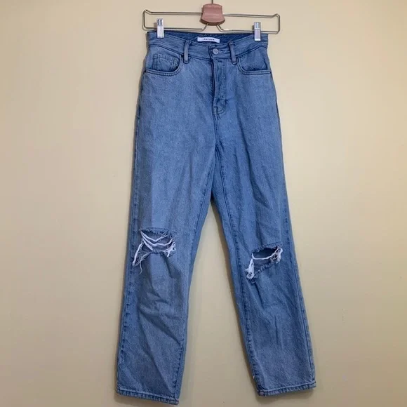 PacSun High Waisted Straight Ripped Distressed Button-fly Cotton Denim Jeans 23