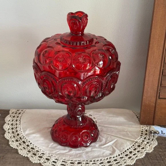 L.E. Smith Moon and Star Ruby Red Glass Candy Dish Pedestal Compote with Lid MCM
