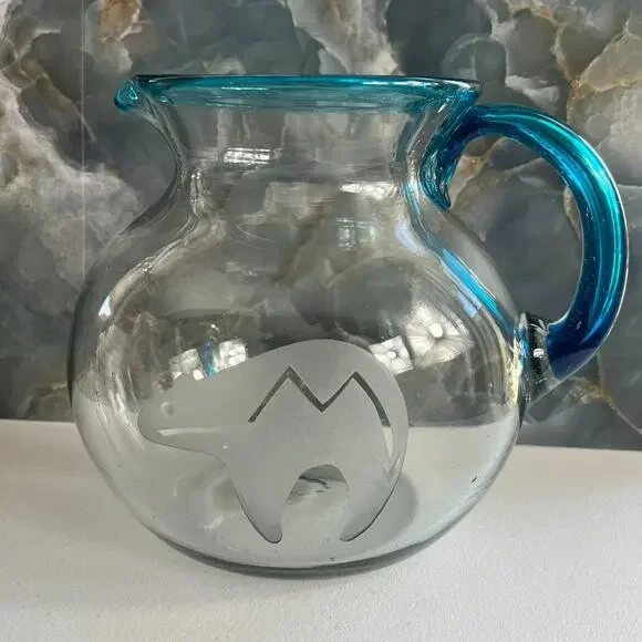 Kate Errett Art Hand Blown Glass Pitcher Bear Etched Design Signed