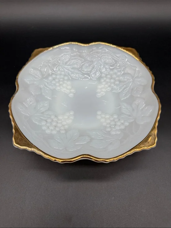 Vintage Anchor Hocking White Milk Glass Dish Bowl Embossed Grapes with Gold Trim