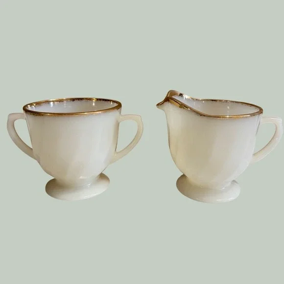 Fire-King Milk Glass Swirl Creamer & Sugar Bowl Set Gold Rim Vintage Mid Century
