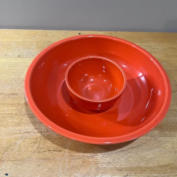 Fiesta Poppy Orange Chip and Dip Bowl Set HLC USA Mid Century Modern Serving 2pc