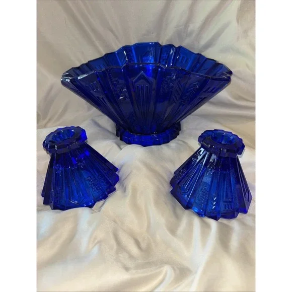 LE Smith Wigwam Art Deco Console Set Circa 1930 Blue Bowl 2 Candlesticks Cobalt