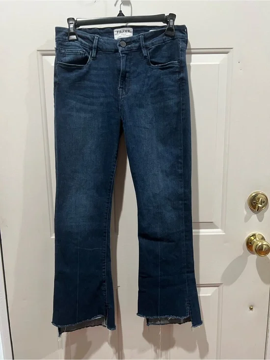 Frame Denim Dark Indigo Cropped Flare Jeans with Raw Hem