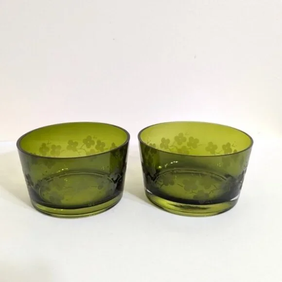 Elegant Avocado Green Etched Floral‎ Glass Bowls Set of 2
