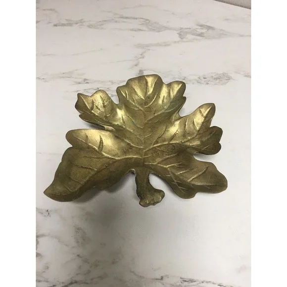 Vintage Heavy Solid Brass Footed Leaf Tray‎ Coin Jewelry Trinket Dish