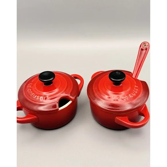 Le Creuset Mini Condiment Pots w Lids & Spoon Cerise Red Set of 2