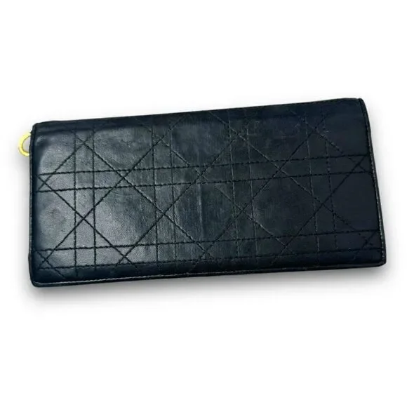 Vintage Christian Dior Lady Dior Black Leather Quilted Long Wallet 7.5 x 3.75