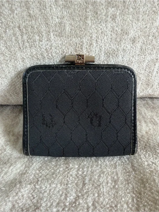 Vintage Christian Dior Black Honeycomb Canvas Kiss Lock Coin Purse