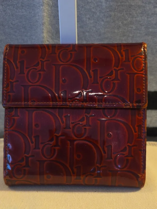 Dior Patent Leather Embossed Monogram Wallet - Burgundy Red